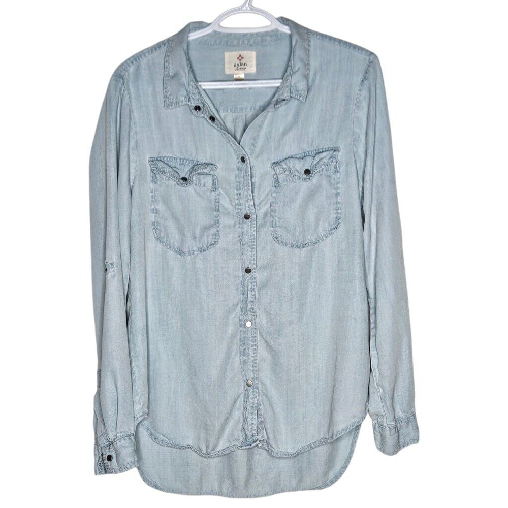 DYLAN Denim Shirt Women's Size Small Roll Up sleeves 100% Tencel Light Blue